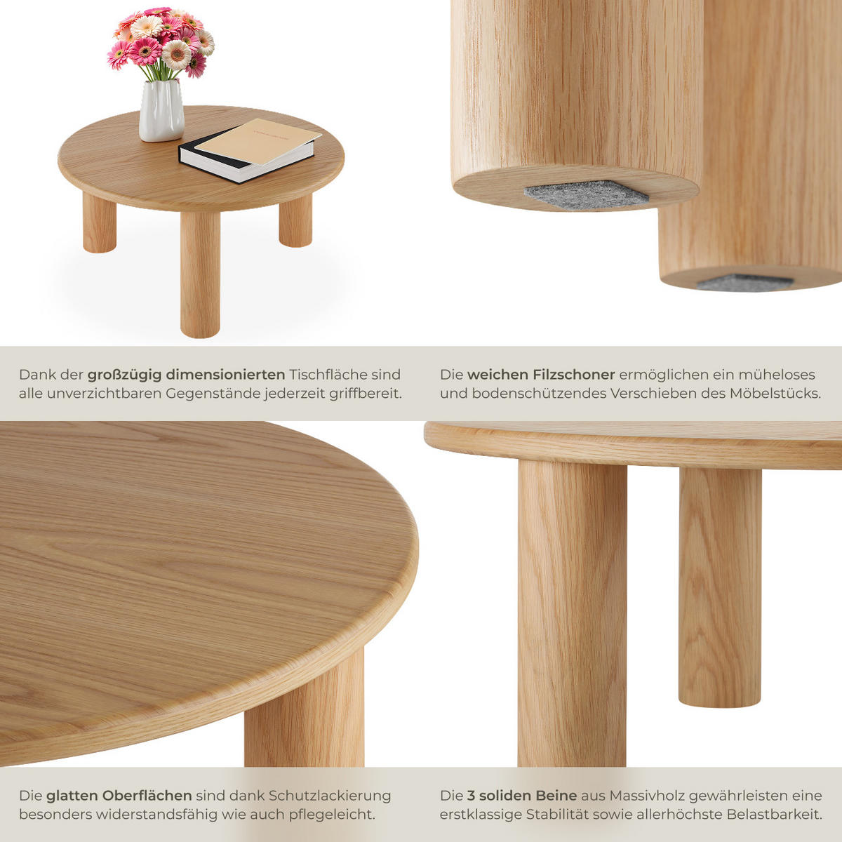 COUCHTISCH Sisi,bodenschonende Filzgleiter,Eiche hell - Eichefarben, Holz (80/80/35.5cm) - tectake