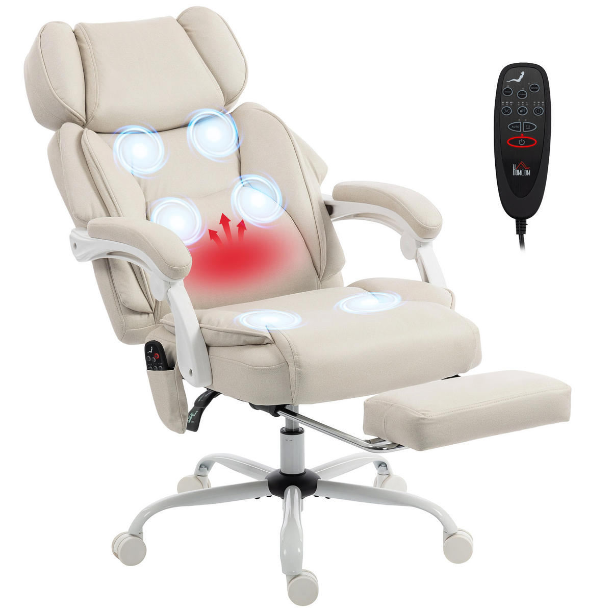 DREHSTUHL Massage Hochlehner Vibration Heizung neigbar Fußstütze Cremeweiß - Weiß, Textil (75.5/122.5/70cm)