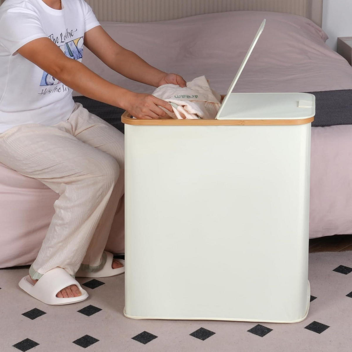 WÄSCHEKORB mit Deckel und 2 Fächern Beige 140L - Weiß, Naturmaterialien (37.1/65/56.9cm)