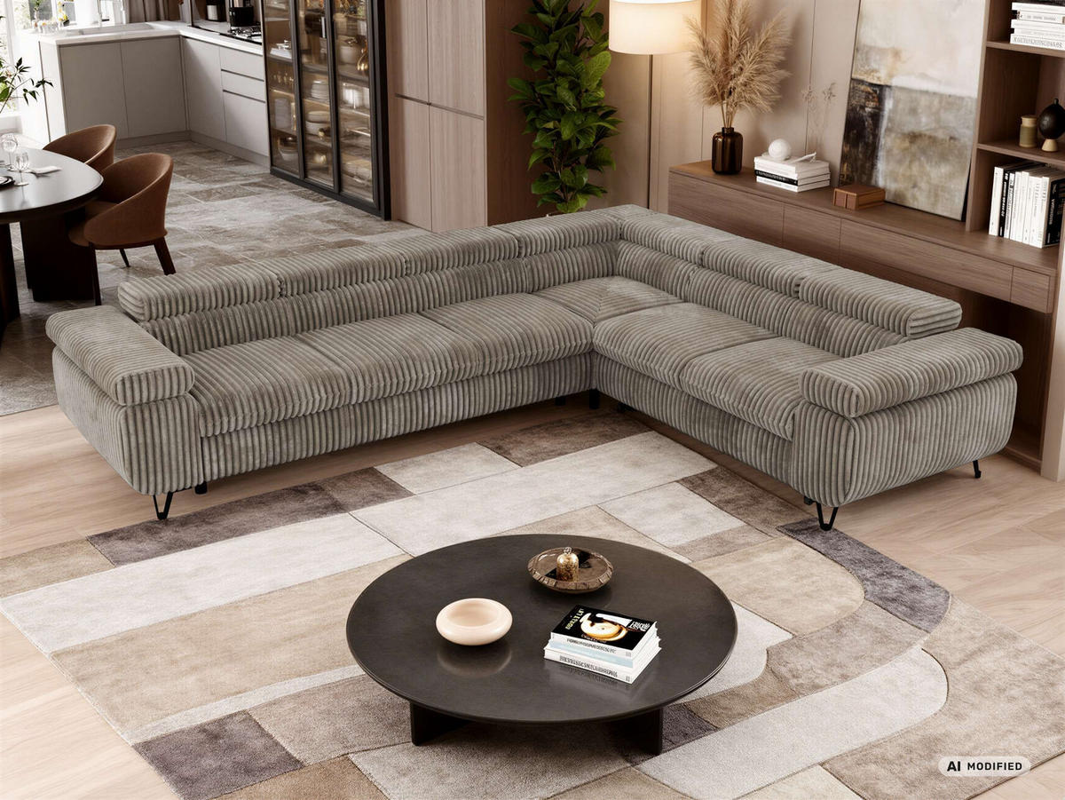 ECKSOFA NORDEN L - Hellbraun Cord - Links Seite - Hellbraun/Schwarz, Textil/Metall (269/329cm) - MKS