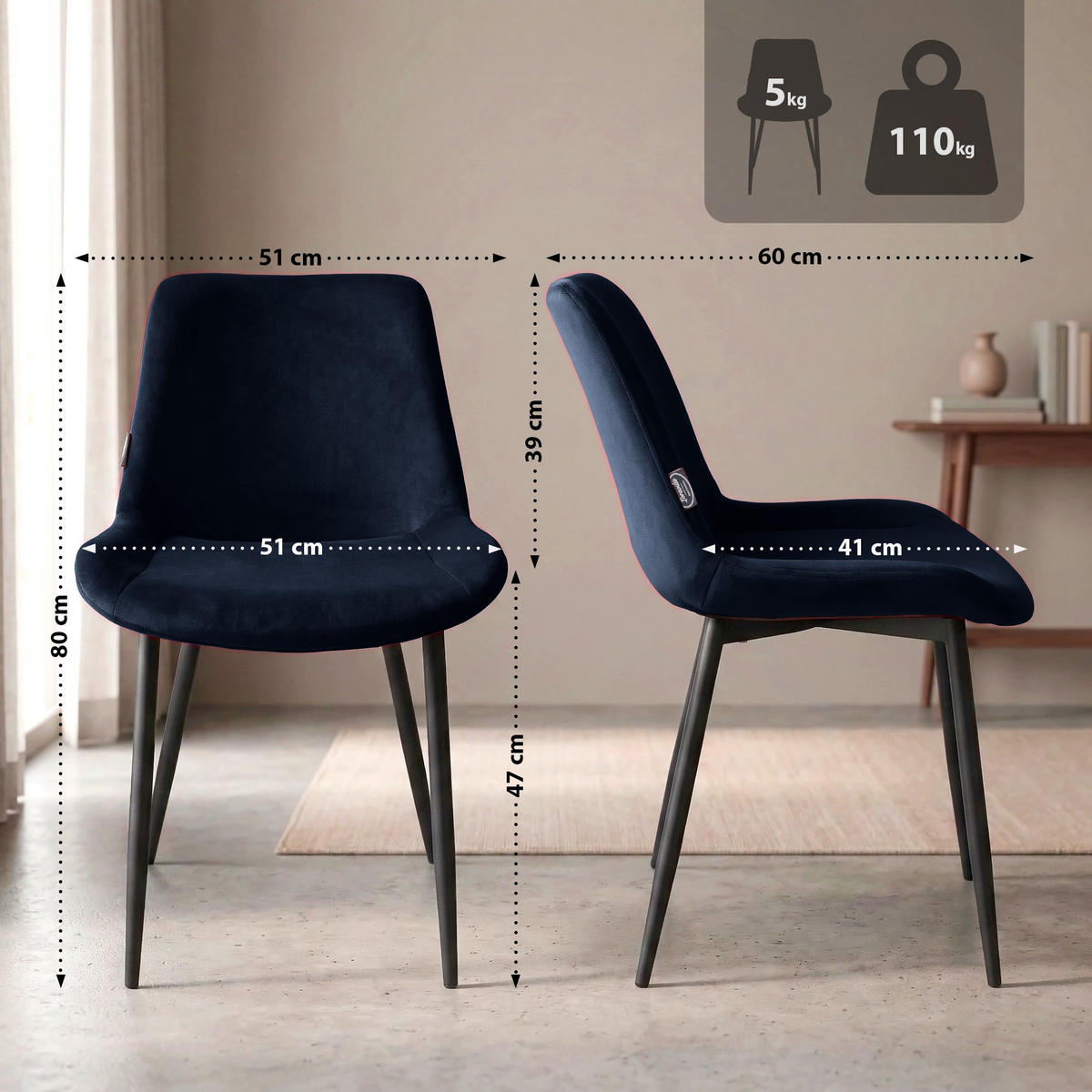 STUHL Samt blau - Blau/Schwarz, Textil/Metall (51/80/60cm) - CLP