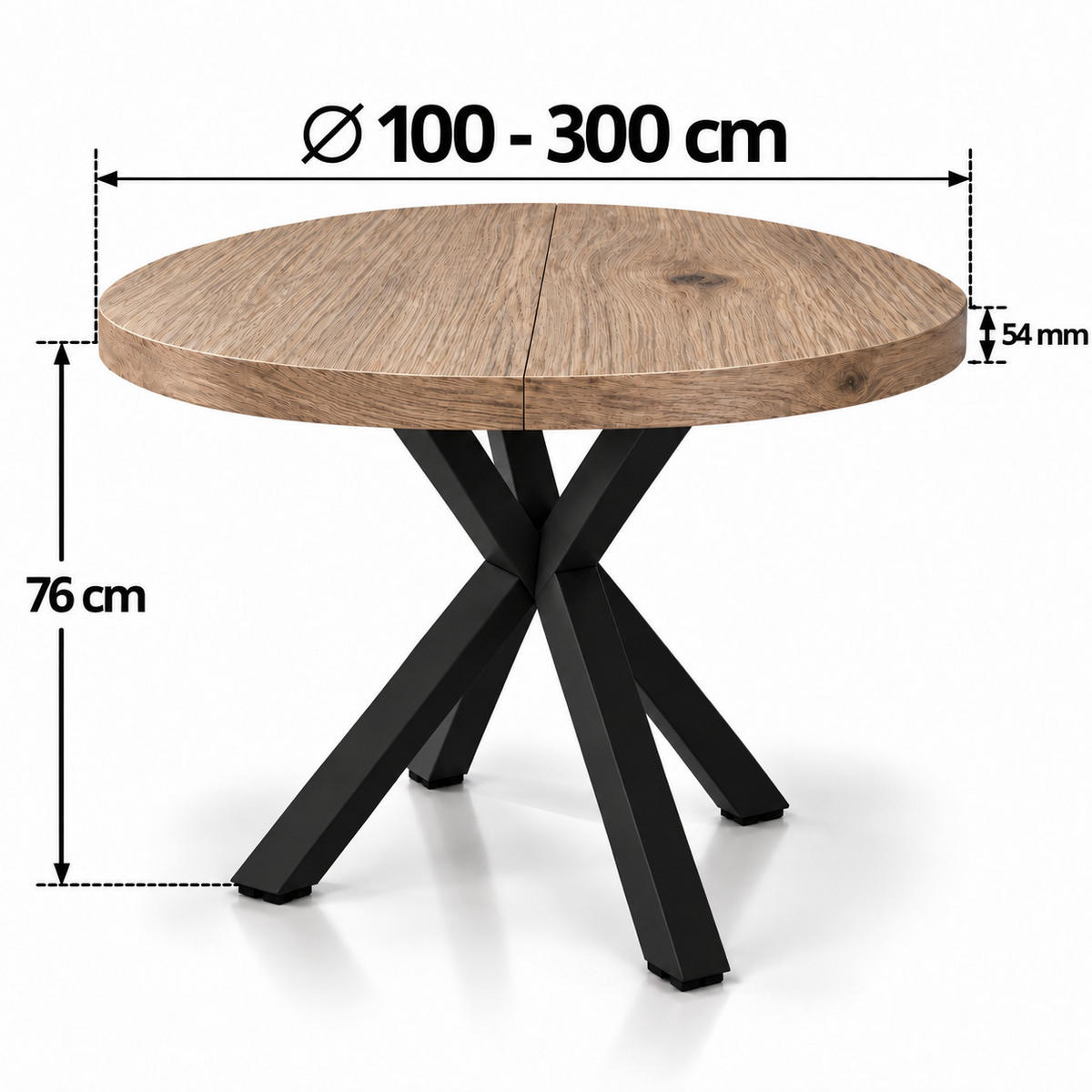 ESSTISCH rund ausziehbar 100/300/76 cm, Braun Halifax Egger, 54 cm Tischplatte + X Metallbeine Schwarz - Eichefarben/Schwarz, Holzwerkstoff/Metall (100/300/76cm) - Damale Möbel