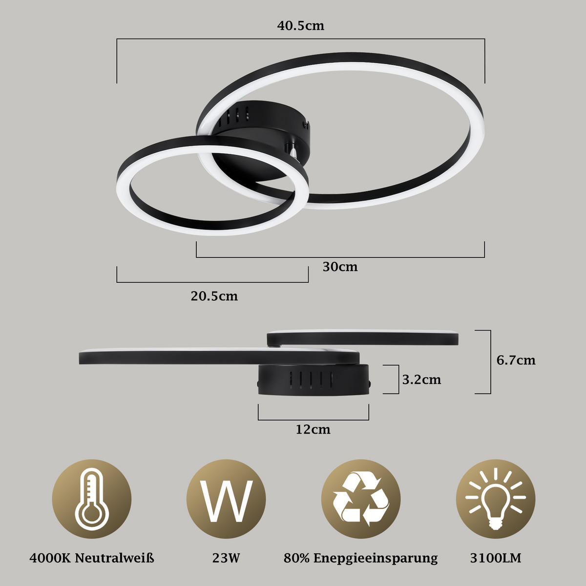 LED DECKENLEUCHTE Lrisal 40.5/30/6.7 cm - Schwarz, Kunststoff (40.5/30/6.7cm) - ZMH