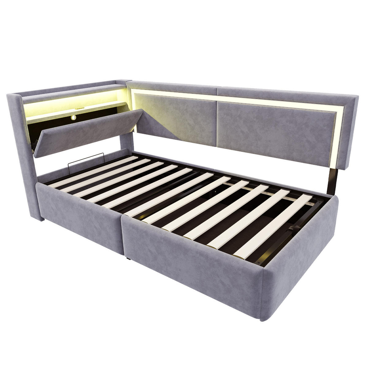 POLSTERBETT 90/200 cm Hellgrau aus Samt mit Stauraum und LED-Beleuchtung - Hellgrau, Textil (90/200cm) - OKMYHOME