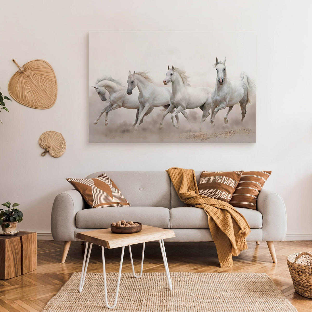 LEINWANDBILD Pferde im Galopp Wüste Tiere 3D Effekt 100x70 - Beige/Schwarz, Textil (100/70cm) - Muralo