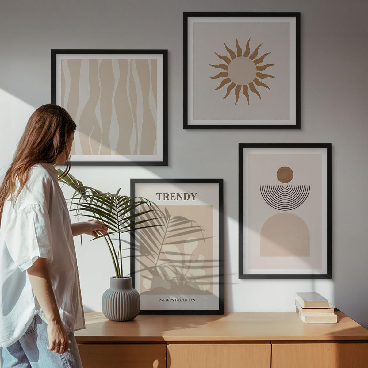 BILDER SET 4er Set - 50x50 cm & 40x60 cm Schwarzer Rahmen - Stilvolle abstrakte Beigetöne - Schwarz, Kunststoff (50/50cm) - TULUP