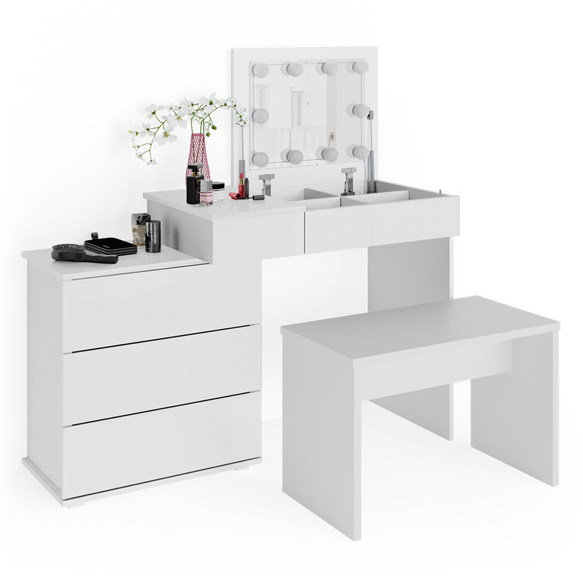 SCHMINKTISCH Lotos Weiß 117.4 cm mit LED Beleuchtung und Bank - Weiß, Holzwerkstoff (117.4/78/45cm) - Vicco