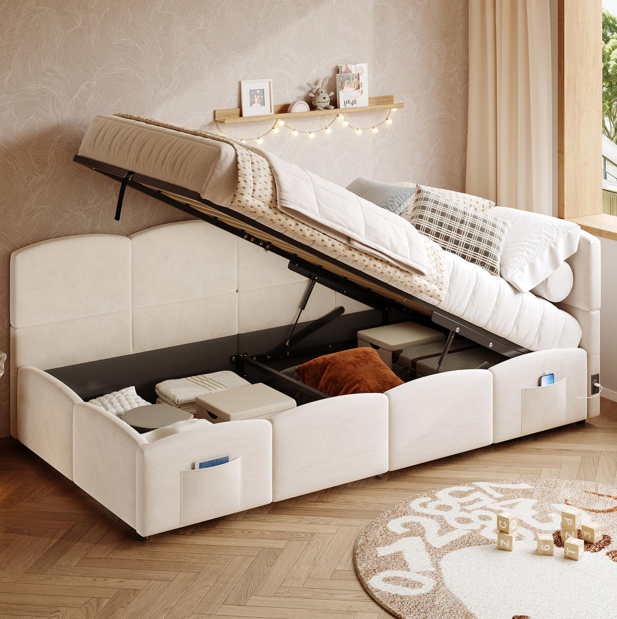 POLSTERBETT 90/200 cm in Beige aus Samt mit Stauraum und USB- und Type-C-Anschlüssen - Beige, Textil (90/200cm) - Flora Grace