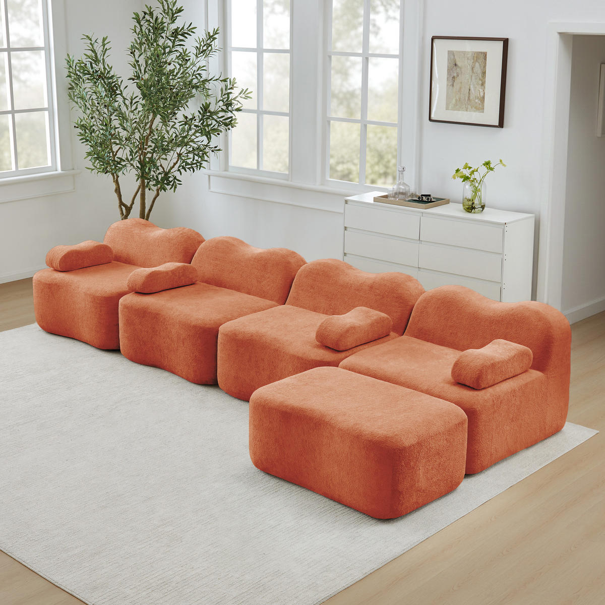 4-SITZER Sofa 384x167x70 cm aus Samtstoff rahmenlos modular mit Ottoman, orange - Orange, Textil (167/70/384cm)