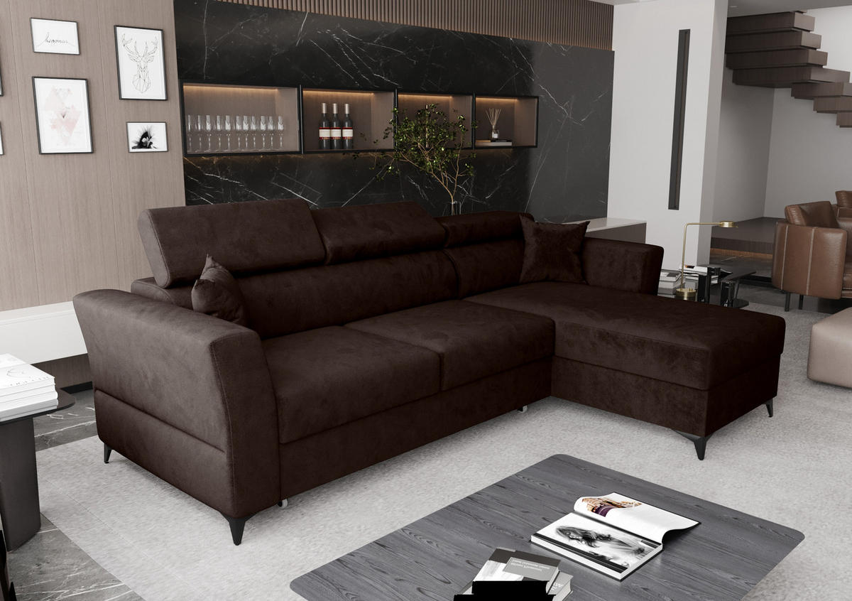 ECKSOFA L Form Ribella Braun 265/180/100 cm Rechts mit Schlaffunktion - Schwarz/Braun, Textil/Metall (265/180cm) - AX Living