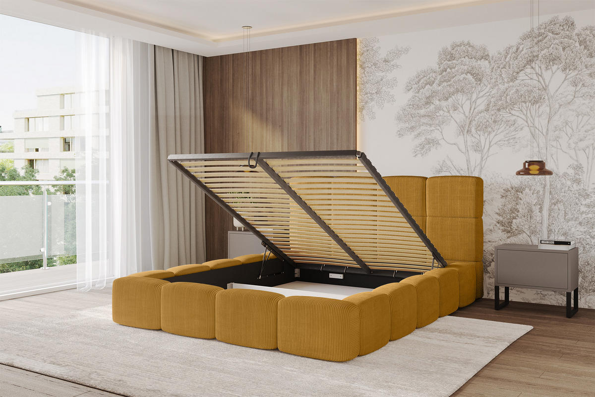 POLSTERBETT mit Bettkasten und Lattenrost, Bett mit Matratze H3/H4, Kopfteil, Boxbett, Doppelbett mit Stauraum - NATA 120x200 Senfgelb - Kupferfarben, Holzwerkstoff/Textil (120/200cm) - ALTDECOR