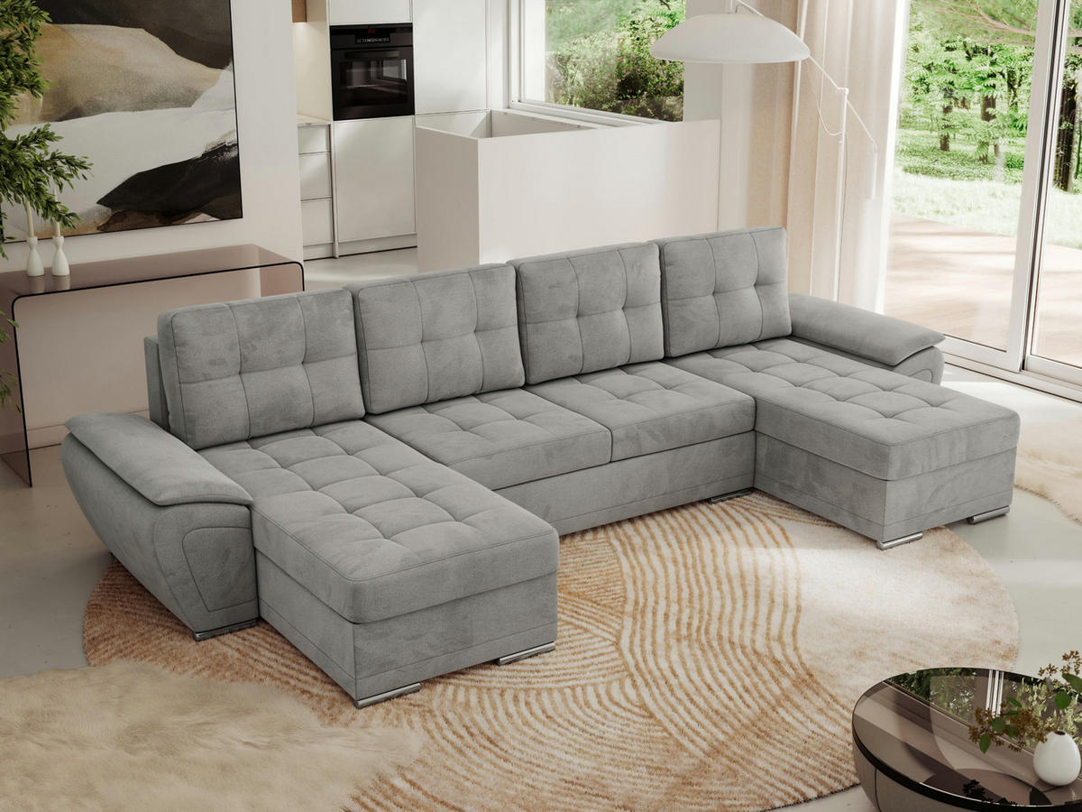 WOHNLANDSCHAFT UMBRIA U Hellgrau Velvet - Hellgrau/Grau, Textil/Metall (336/85/157cm) - MKS