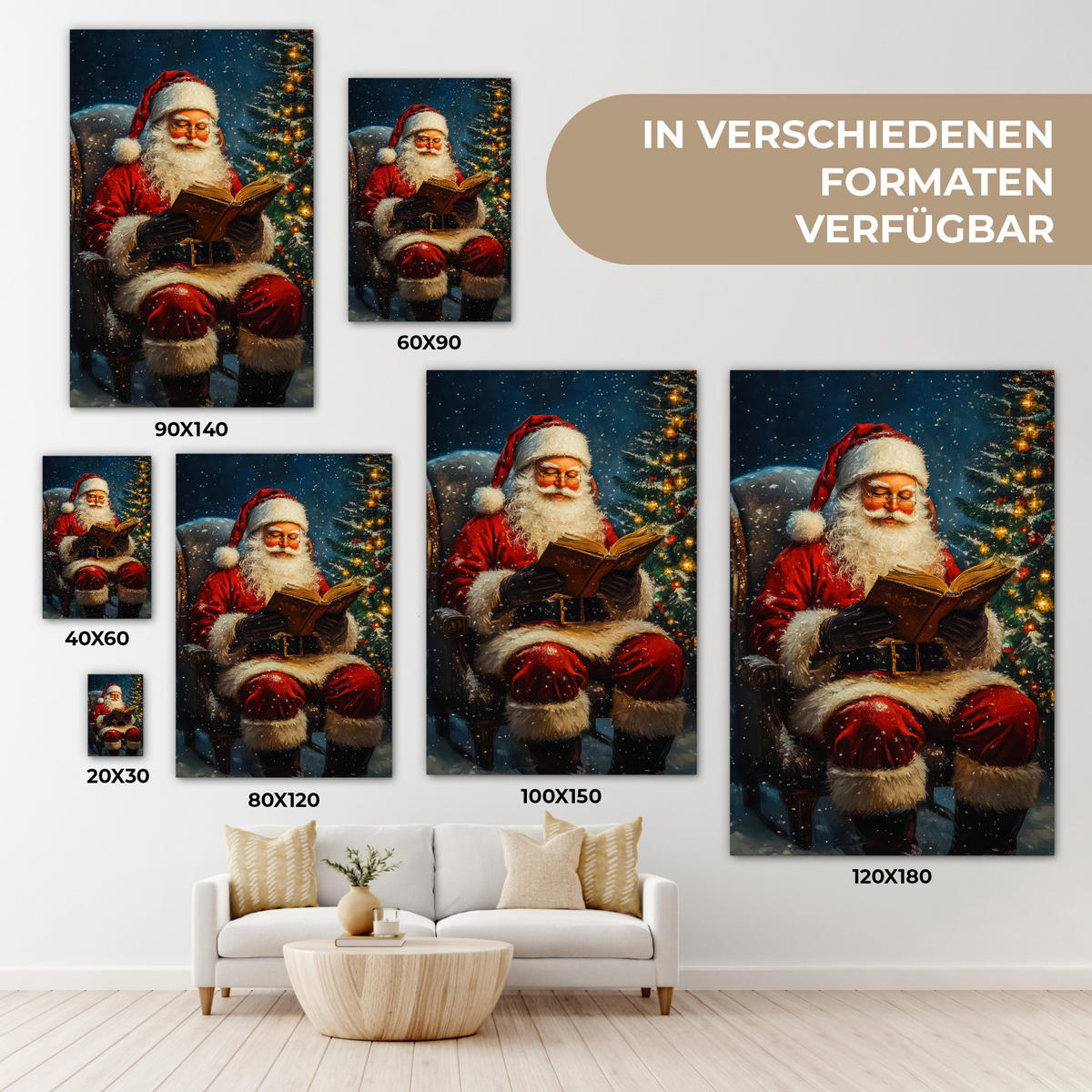 LEINWANDBILD Weihnachtsmann - Weihnachten - Winter - Weihnachtsbaum 40x60 cm - Bordeaux, Textil (40/60cm) - MuchoWow