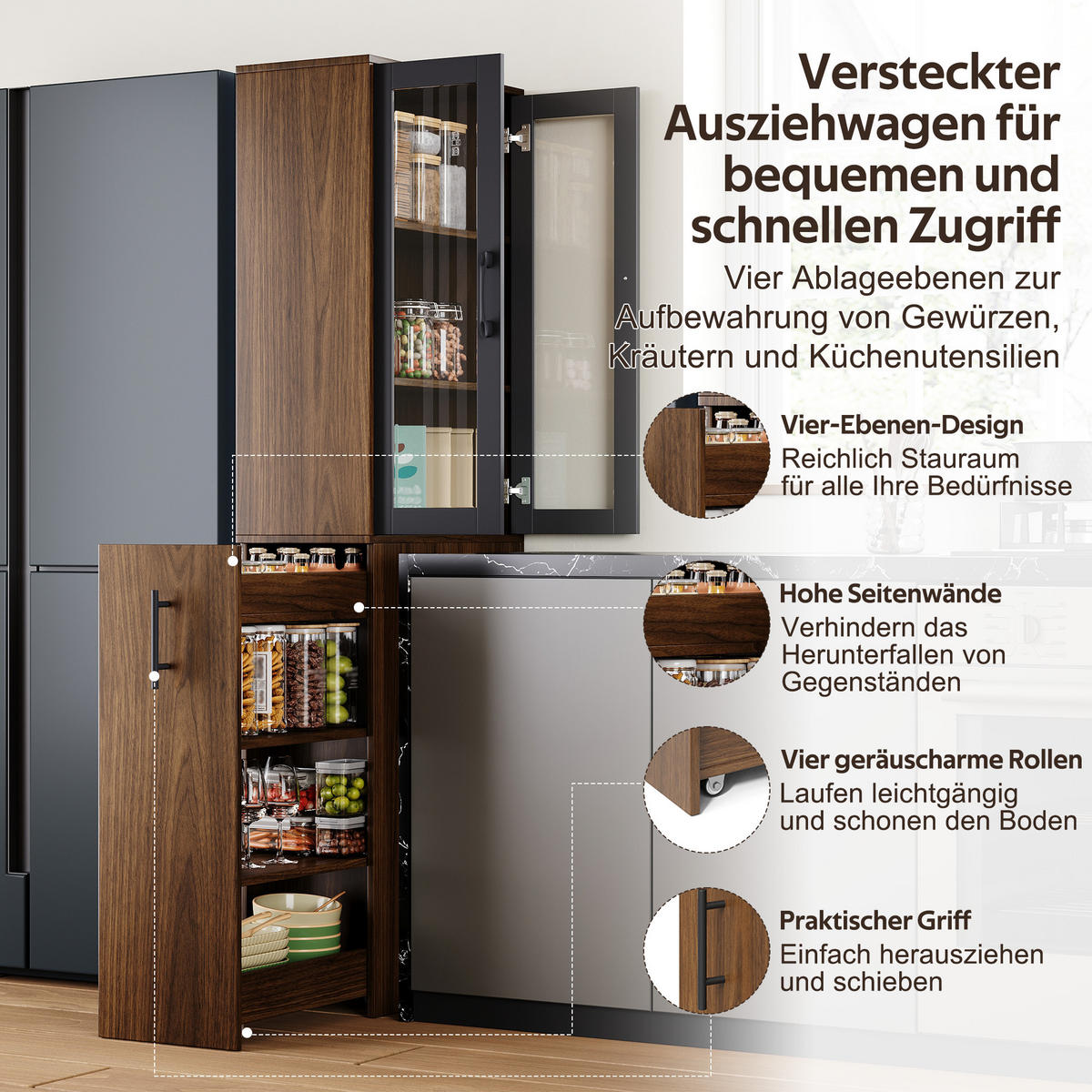 MEHRZWECKSCHRANK DE-38745 60/30/180 cm Glastüren und Ausziehwagen Holz/Schwarz - Braun, Holzwerkstoff (60/180/30cm) - ComfortXL