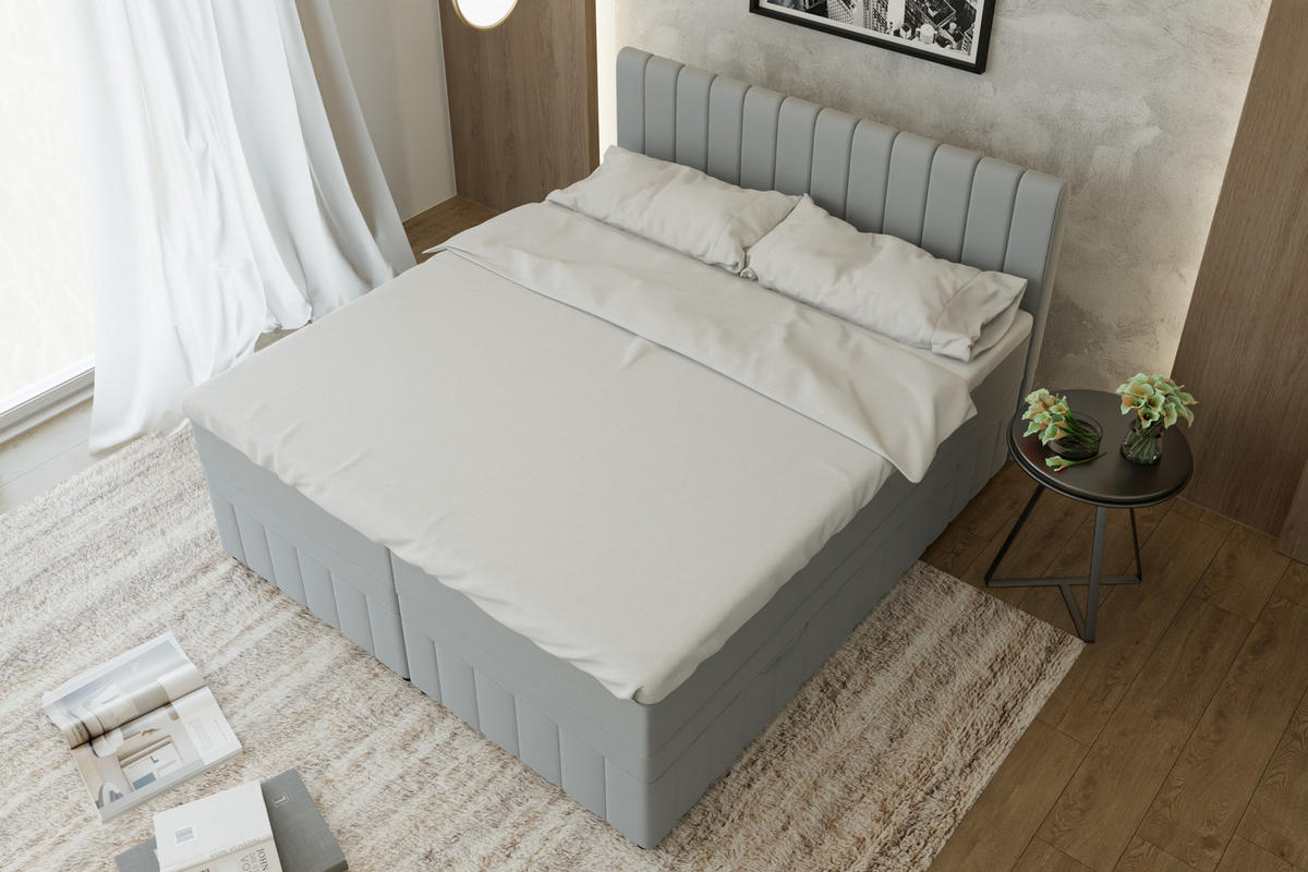 BOXBETT AVALON 180 x 200 cm mit Bettkasten und Topper - Hellgrau - Hellgrau, Holz - Panda Möbel