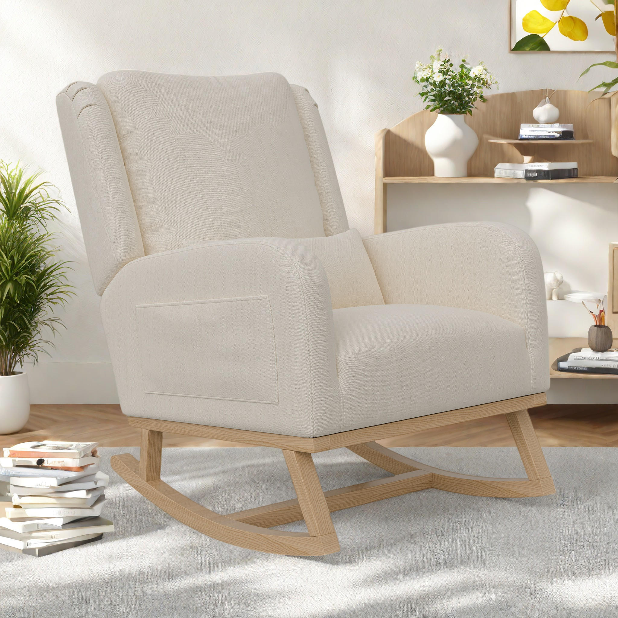 SCHAUKELSTUHL mit Massivholzrahmen, 2 Seitentaschen, Relaxsessel, Weiß - Beige, Holz (53/96/93cm)
