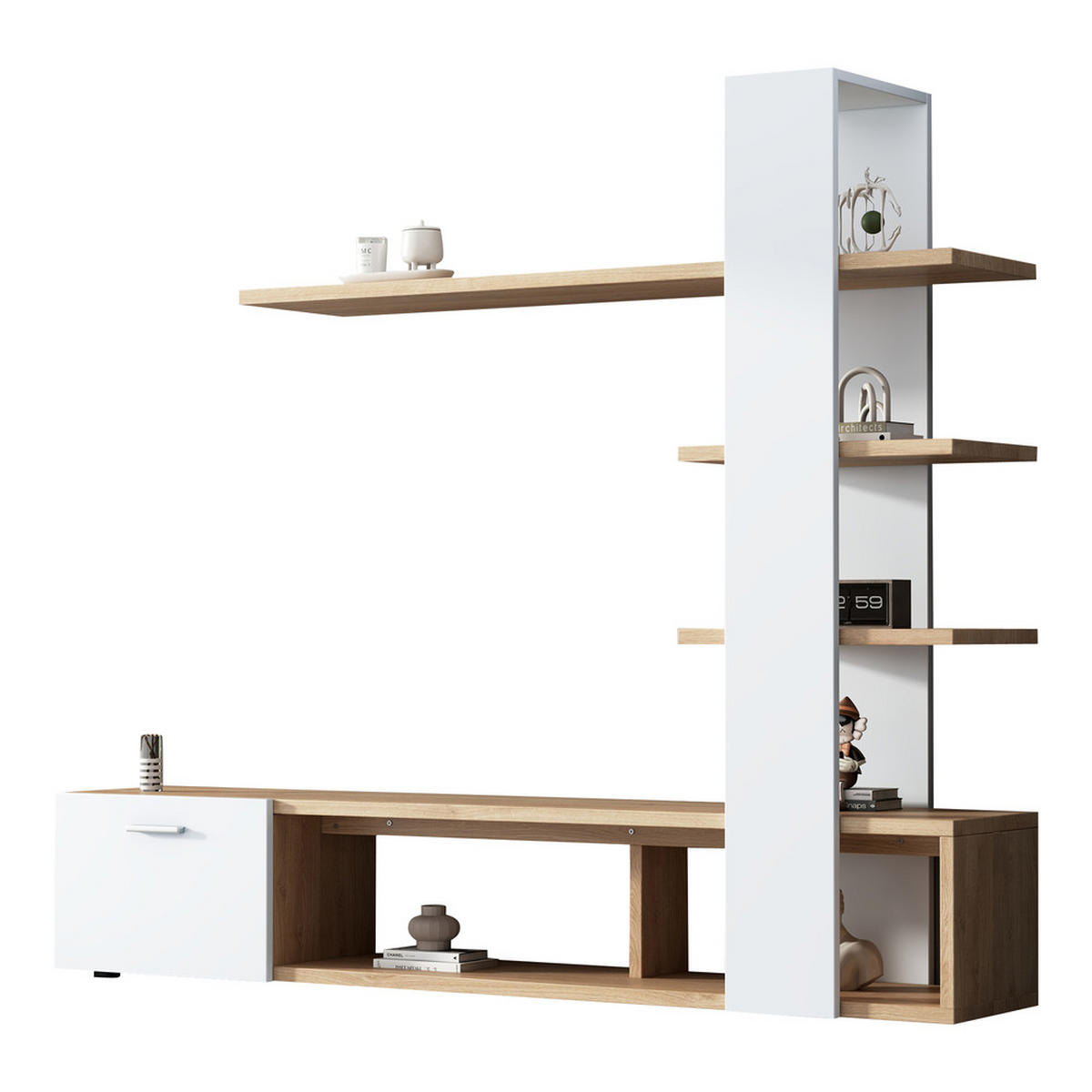 WANDSCHRANK SET 180x33cm Modern Eichenweiß TV-Schrank & Lowboard für bis 60 Zoll - Weiß, Holz (44.78/11.99/159.49cm) - FLIEKS