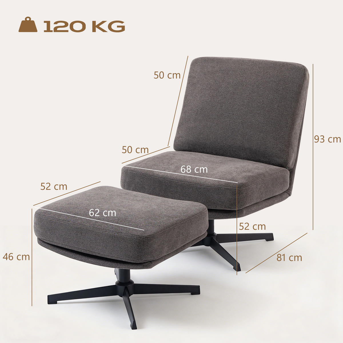 SESSEL mit Hocker Drehbar Loungesessel mit Leinenoptik für Wohnzimmer Dunkelgrau - Dunkelgrau/Schwarz, Textil/Metall (68/93/91cm) - HOMCOM