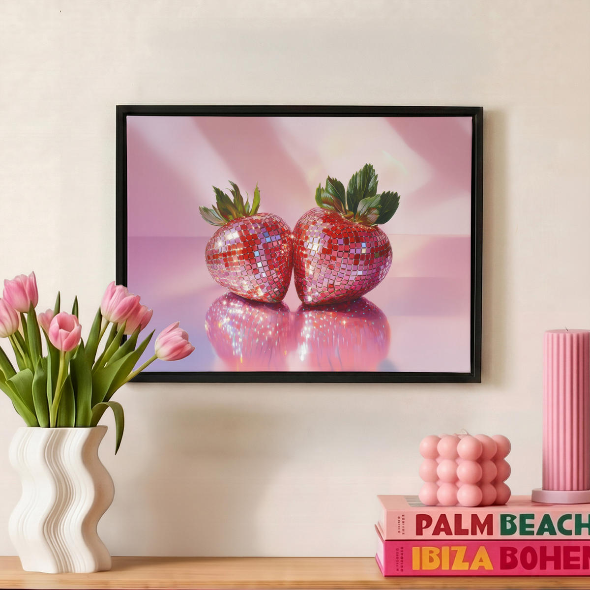 LEINWAND Bilder mit Rahmen - Disco - Obst - Glitzer - Erdbeere - 40x30 - Pink, Textil (40/30cm) - MuchoWow