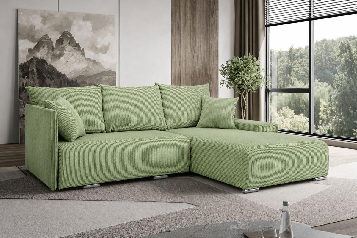 ECKSOFA L-Form Schlaffunktion Livorno Cord-Stoff Hellgrün Rechts - Chromfarben/Schwarz, Holz/Kunststoff (246/188cm) - Kaiser Möbel