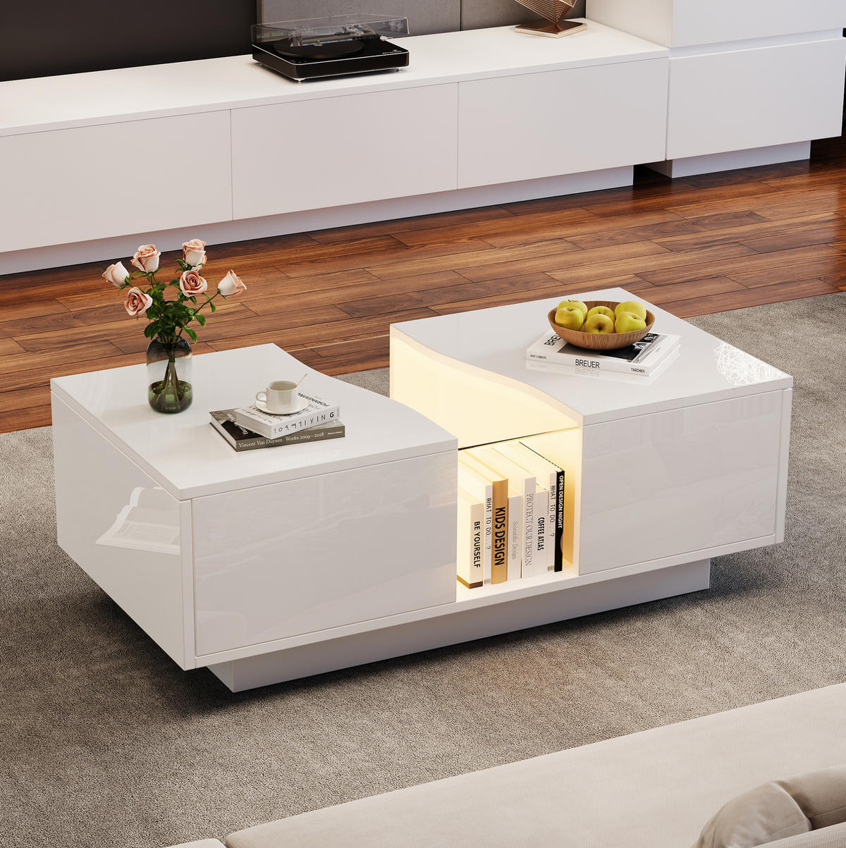 COUCHTISCH 100/50/35 cm in Weiß Hochglanz mit LED-Beleuchtung und 2 Schubladen - Weiß, Holzwerkstoff (100/50/35cm) - Flora Grace