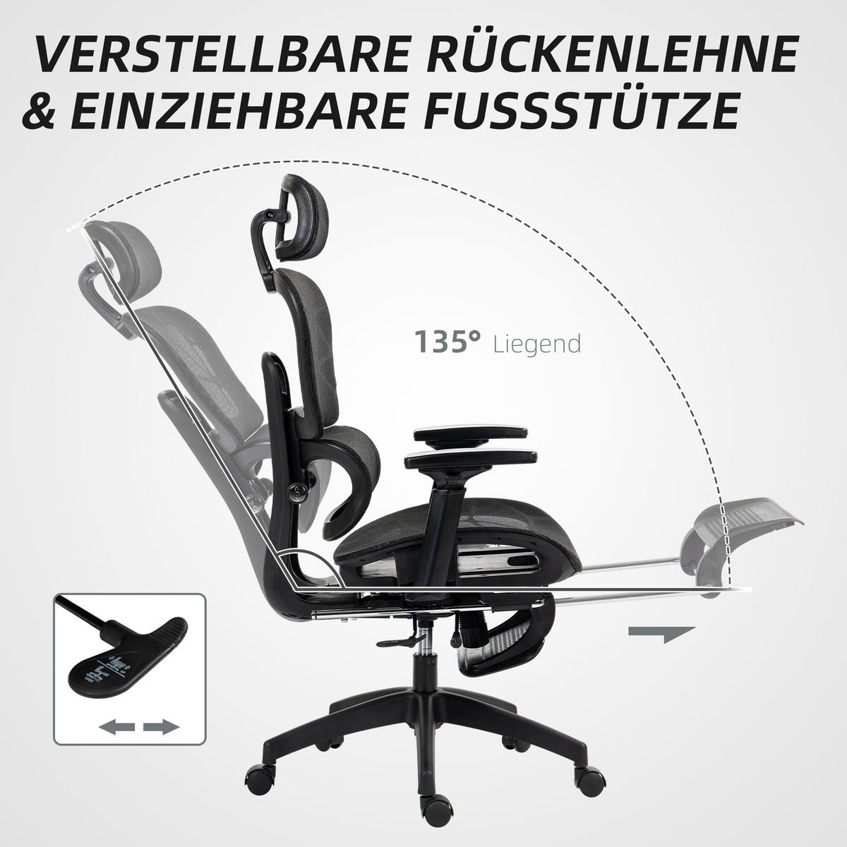 BÜROSTUHL Schreibtischstuhl mit Armlehne, Kopfstütze, Lendenwirbelstütze - Schwarz, Textil (64/122/66cm) - HOMCOM