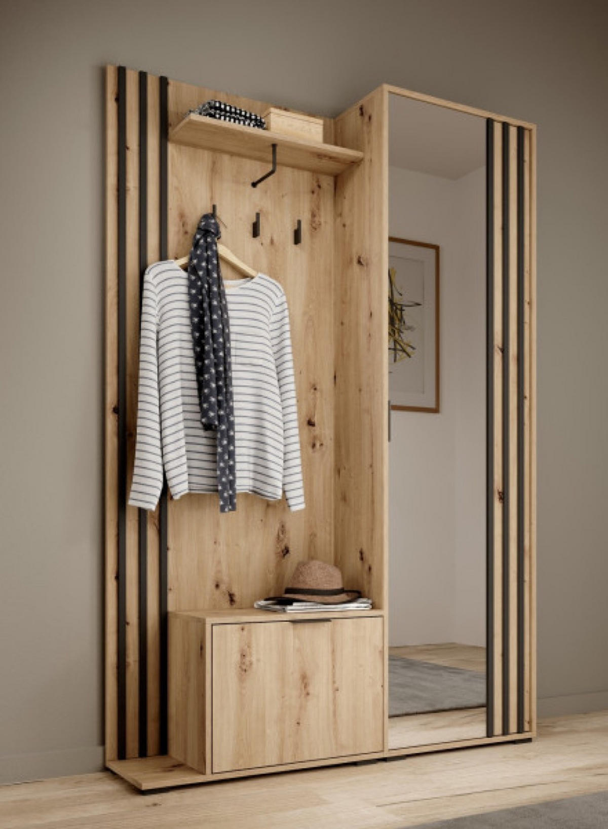 GARDEROBE Schwarz MELA Artisan Laminiert Mit Spiegel - Schwarz/Eiche Artisan, Holzwerkstoff (131/192/40cm) - Sepro Meble