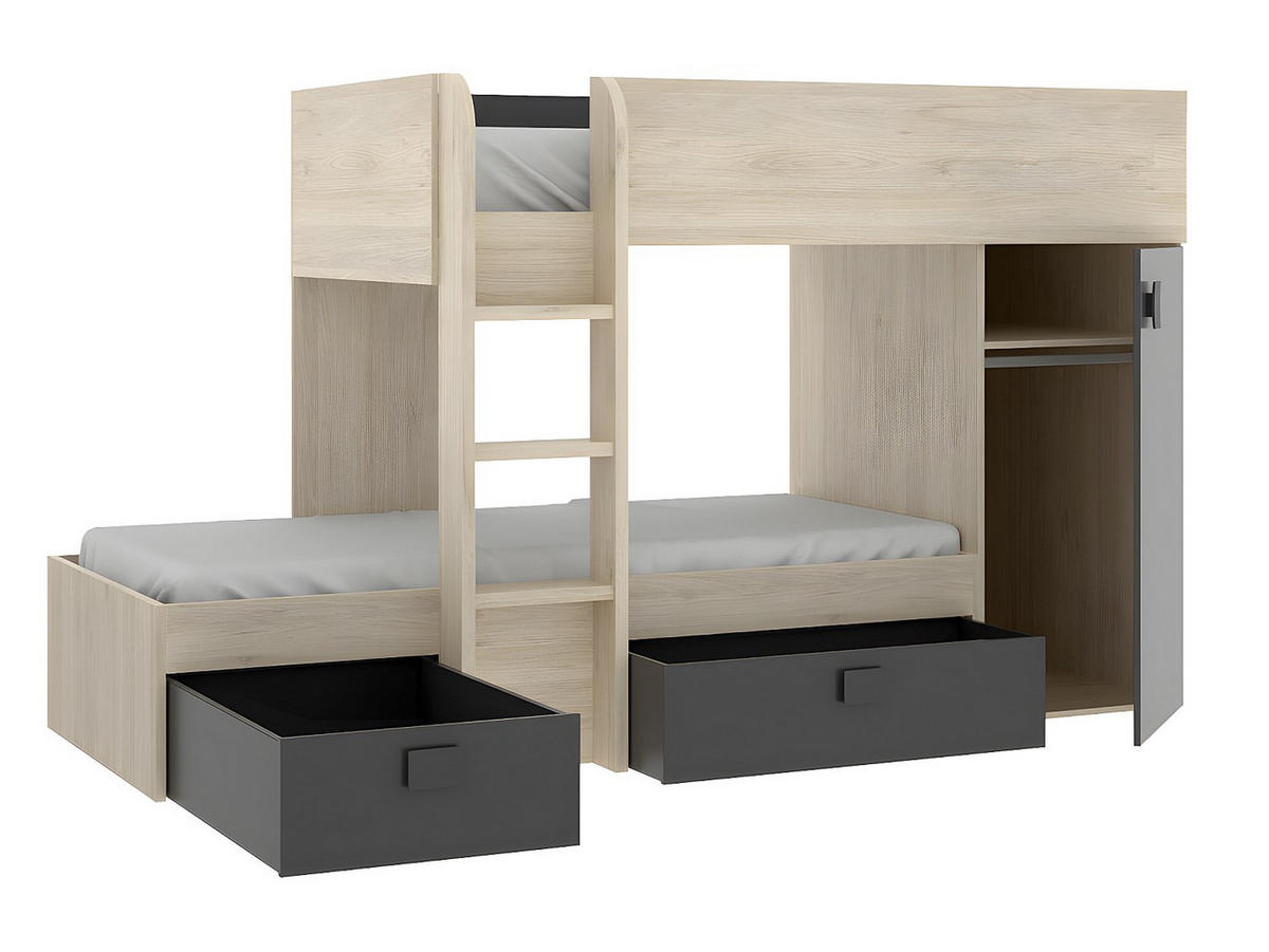 ETAGENBETT - 2 Personen - holz - anthrazitgrau, naturfarben hell Ricardo - Anthrazit/Naturfarben, Holz (90/190cm) - Vente-Unique
