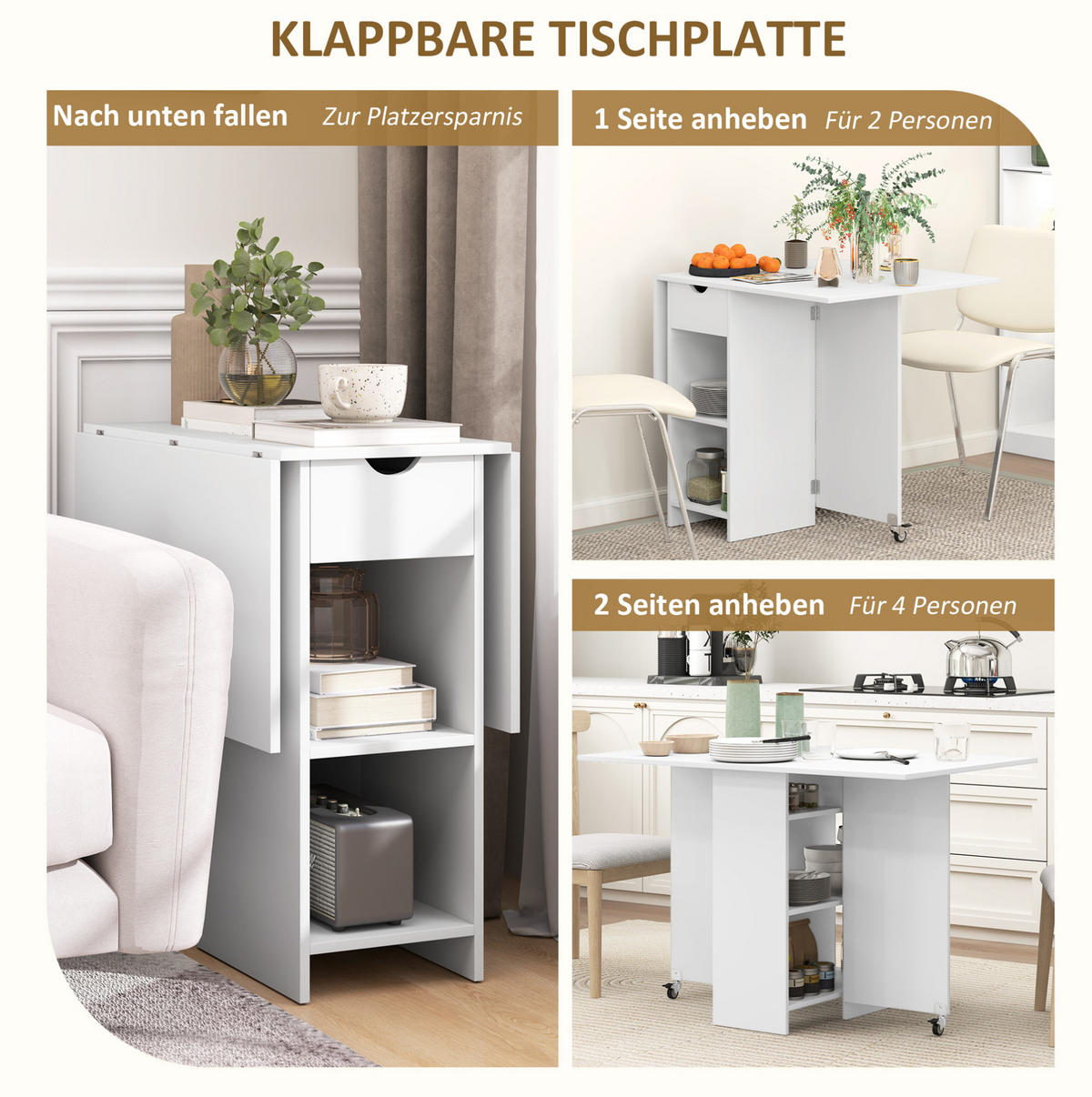 KLAPPTISCH für 2-4 Personen 114,5/70/75 cm mit Ablagen und Schublade, Weiß - Weiß, Holzwerkstoff (114.5/70/75cm) - BEAOK