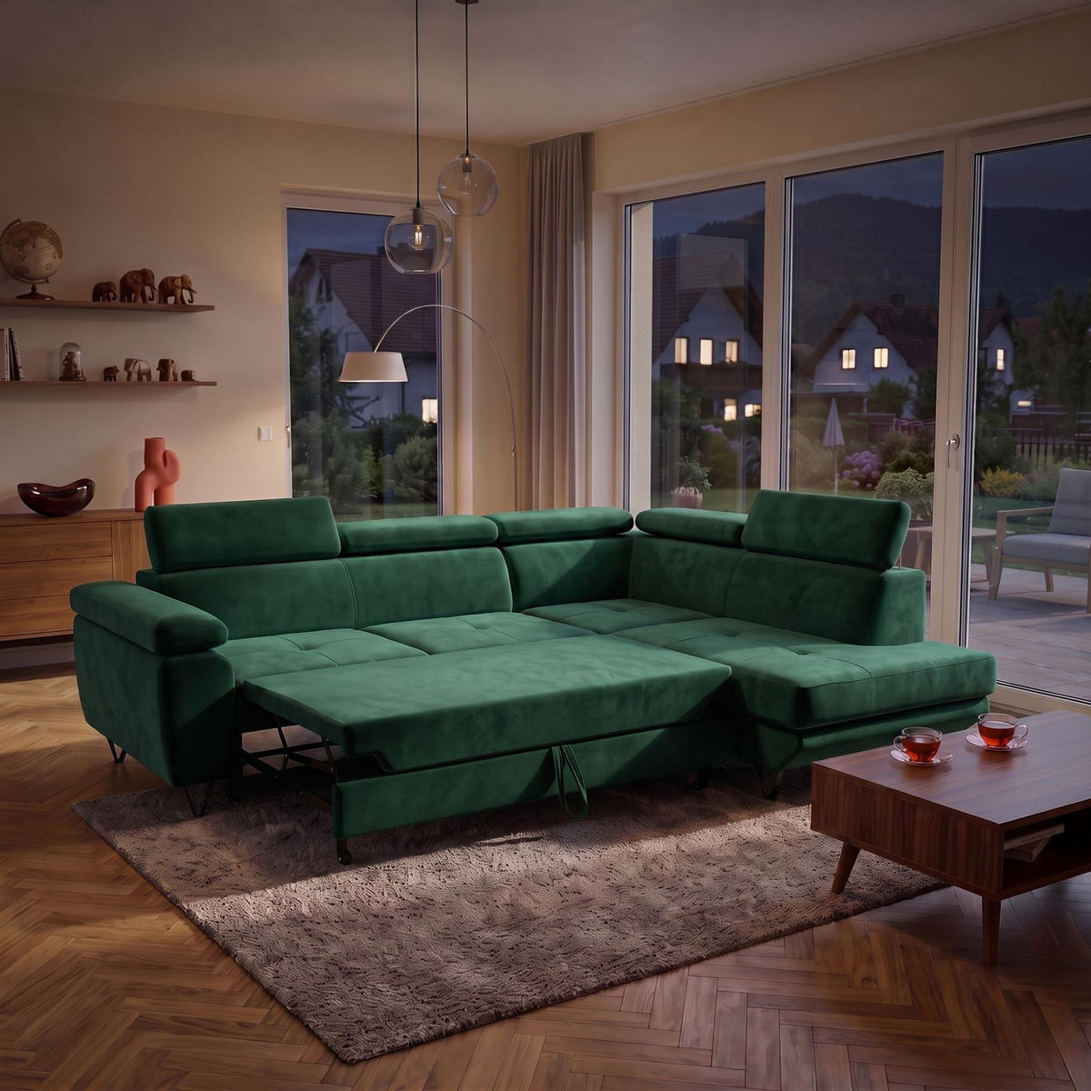 ECKSOFA JUNIOR L Rechts mit Schlaffunktion 194x128 Velours Dunkelgrün - Dunkelgrün/Schwarz, Holz/Textil (184/249cm) - Muffo