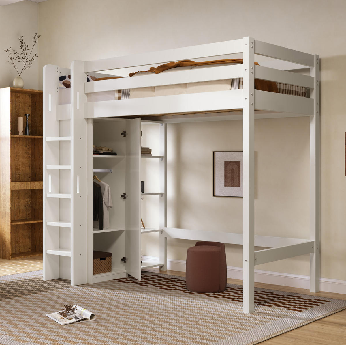 KINDEREINZELBETTEN aus Spanplatte & Massivholz 90x200 cm in Weiß mit Kleiderschrank - Weiß, Holzwerkstoff (90/200cm) - Modfu
