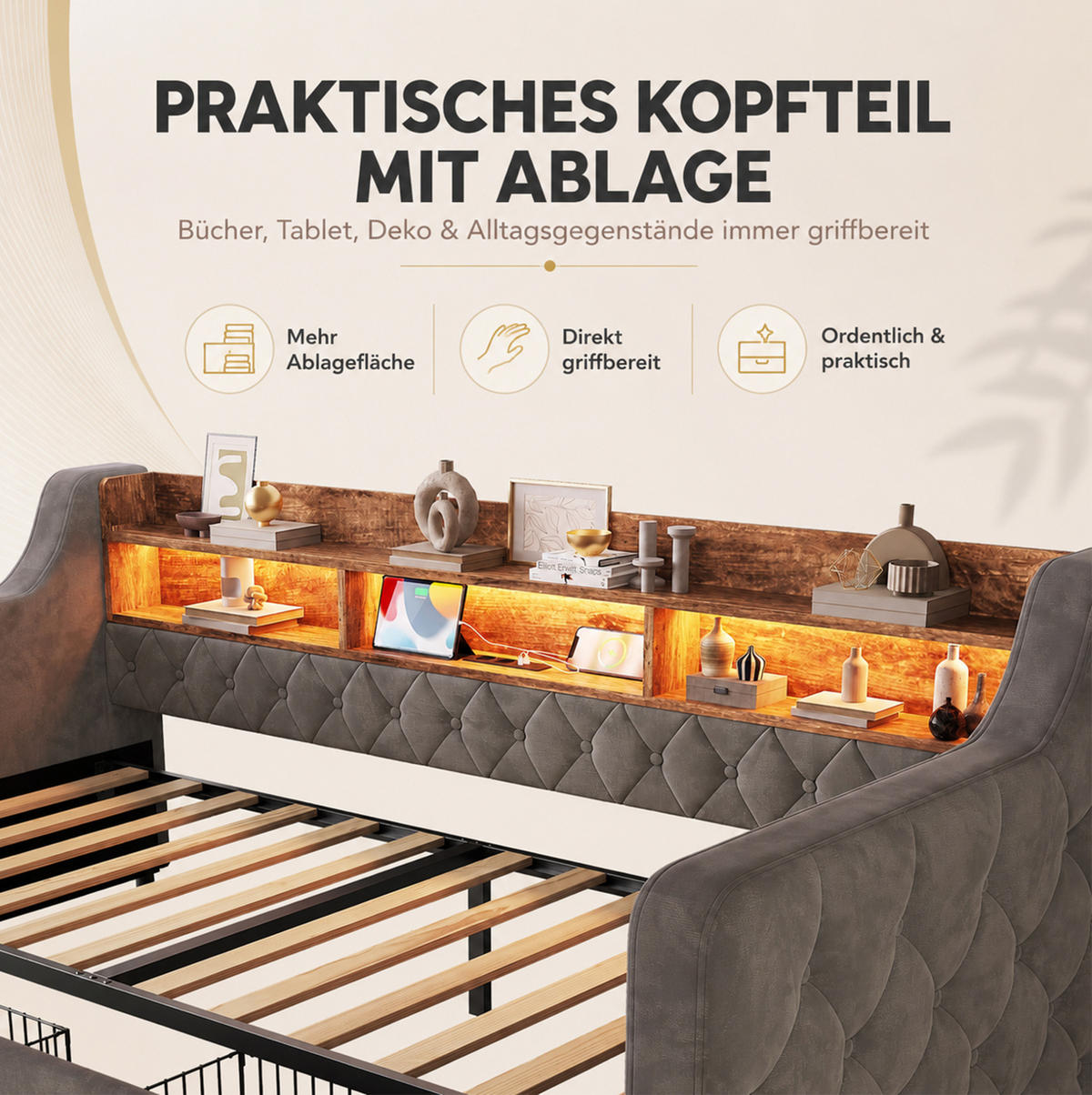 POLSTERBETT aus Velvet 90x190 cm Dunkelgrau mit LED-Beleuchtung, Ladeanschlüssen und 2 Schubladen - Dunkelgrau, Textil (90/190cm) - Modfu