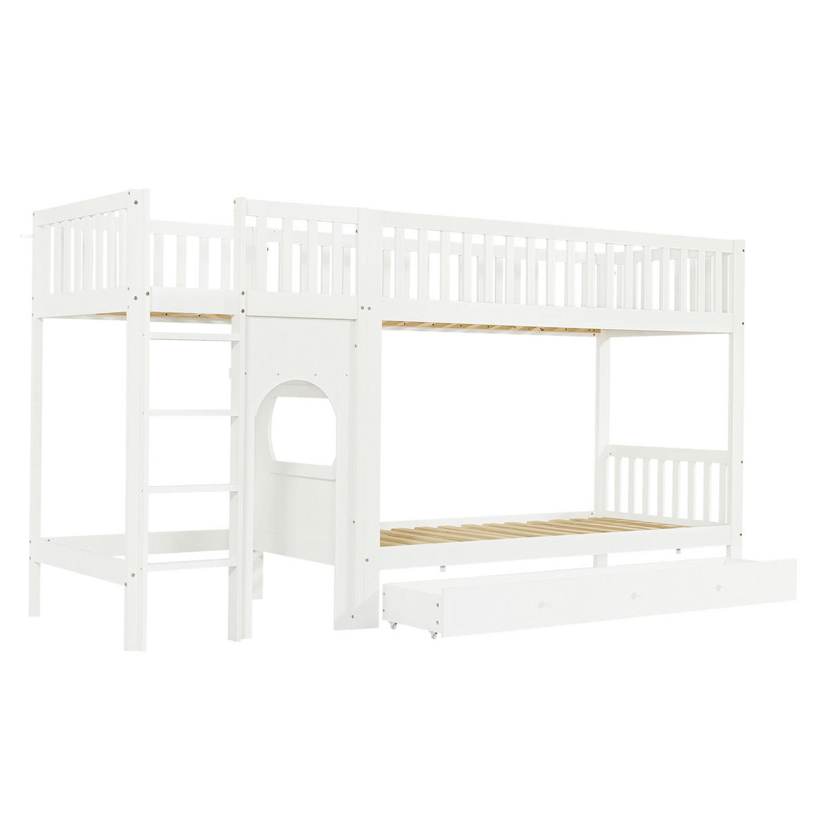 ETAGENBETT 90/200 cm aus Massivholz und MDF mit 4-stufiger Leiter und Rundum-Absturzschutz, Weiß/Natur - Weiß, Holz (90/200cm) - Redom