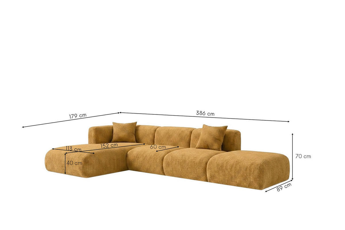 ECKSOFA L-Form mit Hocker, Chenille-Stoff Cremona, Golden, Links, GRETA - Goldfarben, Holz (386/179cm) - Kaiser Möbel