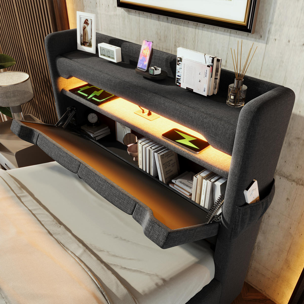 EINZELBETT mit Matratze, Stauraum und LED - Grau, Holzwerkstoff/Textil - Urban Meuble