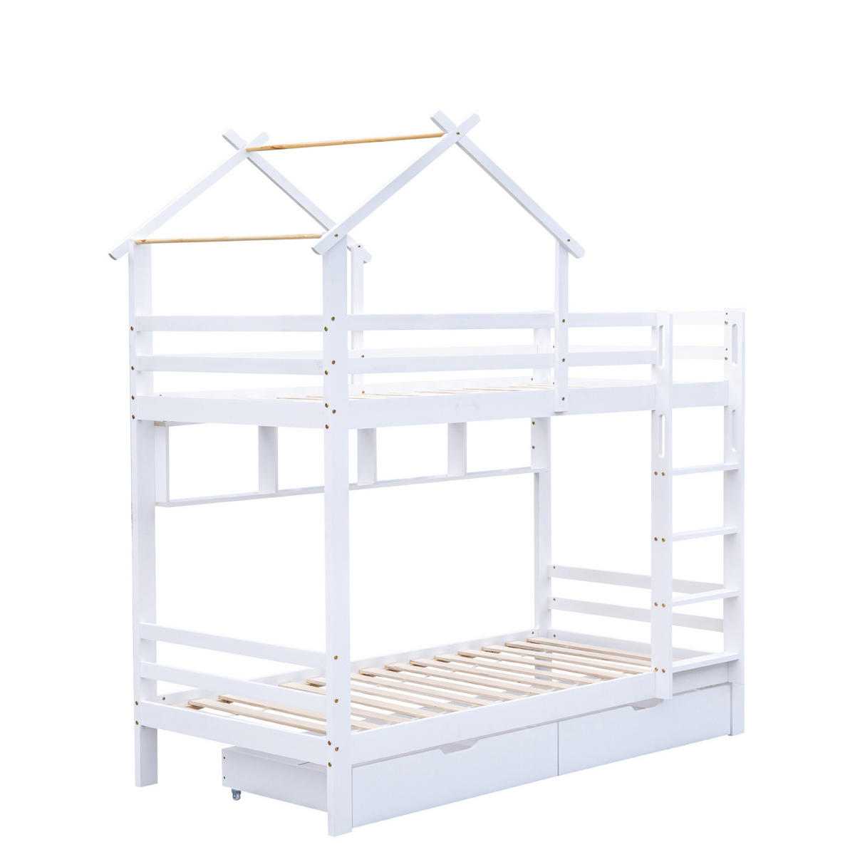 ETAGENBETT 90/200 cm mit Schubladen, Regalen, rechtwinkliger Leiter und Kiefernholzrahmen, Weiß - Weiß, Holzwerkstoff (90/200cm) - Redom
