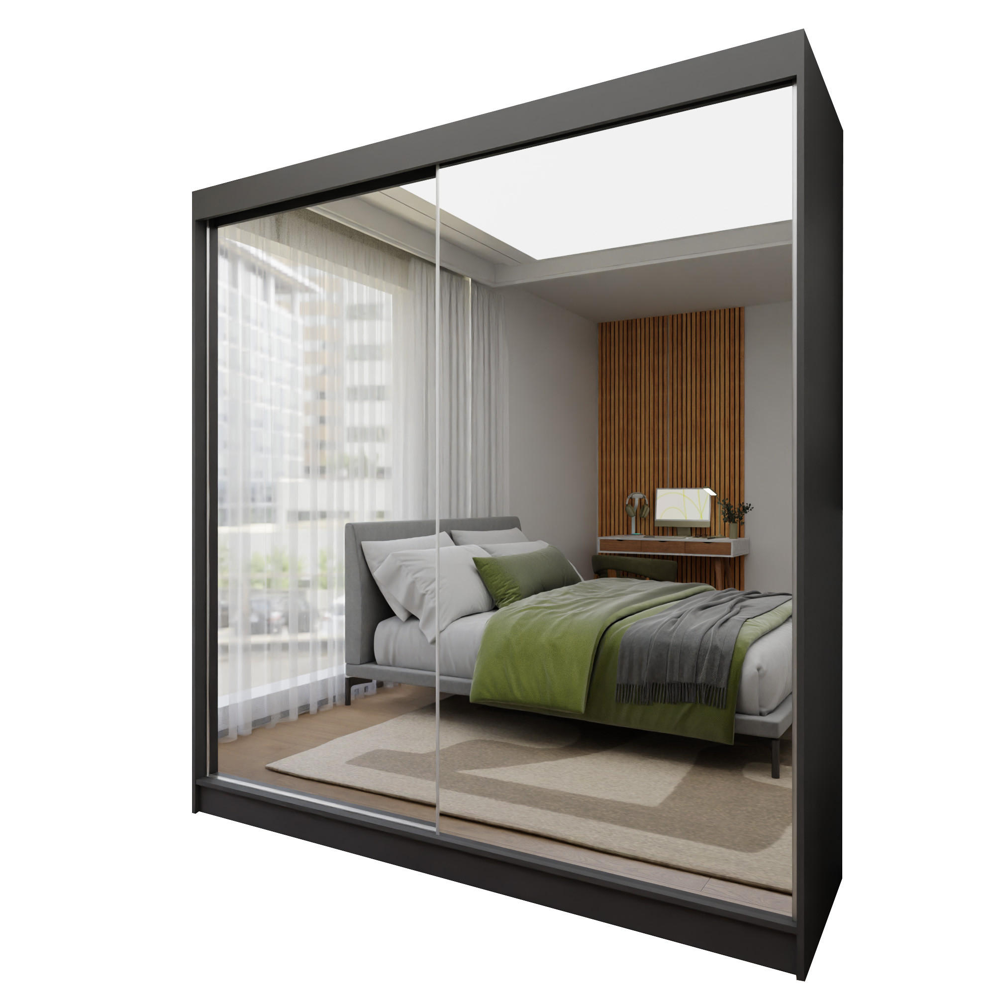 SCHWEBETÜRENSCHRANK BELLINA 200/216/61 cm 2-türig mit Spiegel Grau - Grau, Holzwerkstoff (200/216/61cm) - MASSENO