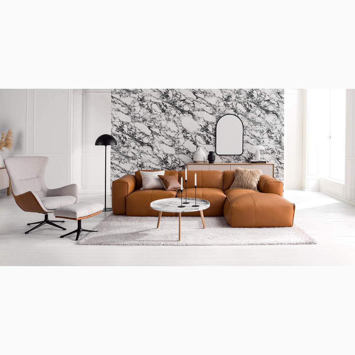 SESSEL mit Kreuzfuß - Chromfarben/Cognac, Leder/Textil (84/99/96cm) - home24