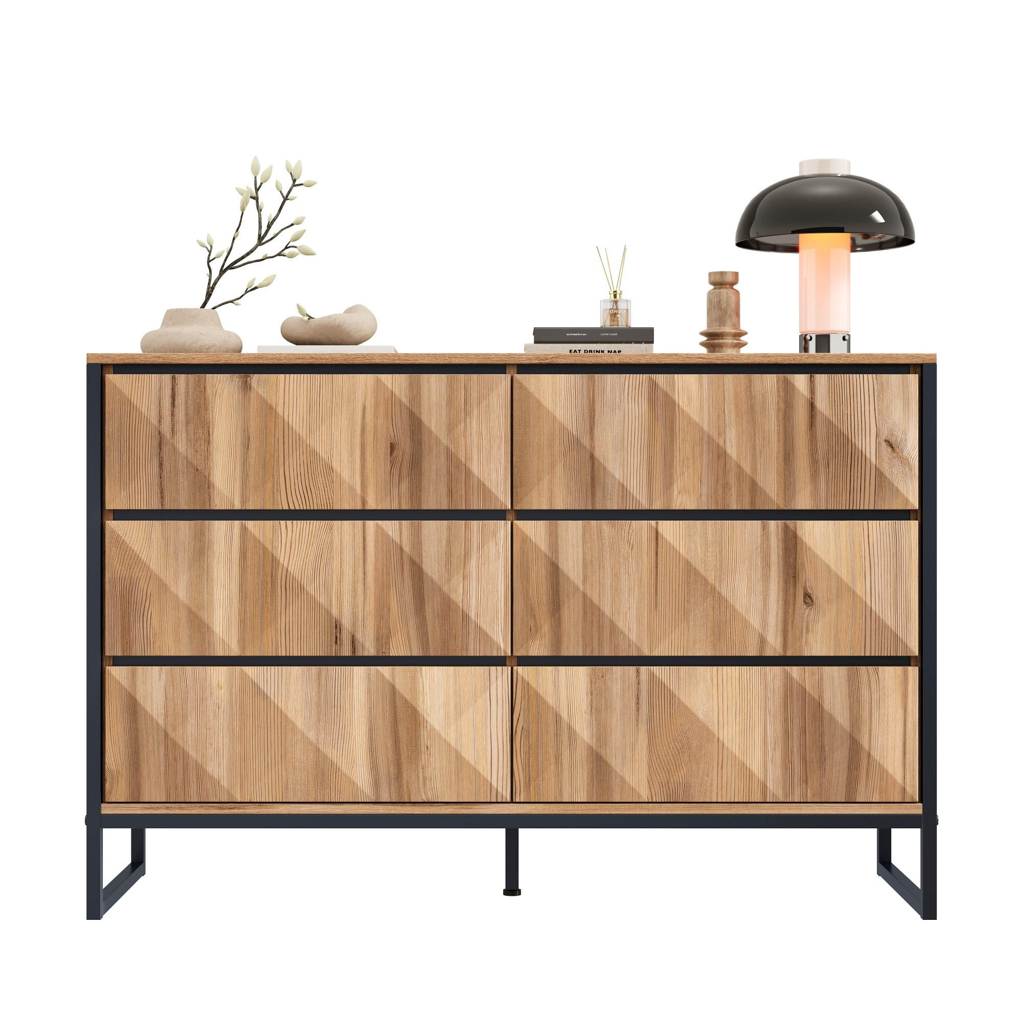 SIDEBOARD 120/40/80 cm in Schwarz/Natur mit 6 Schubladen und Metallgestell - Naturfarben, Holzwerkstoff (120/80/40cm) - Flora Grace