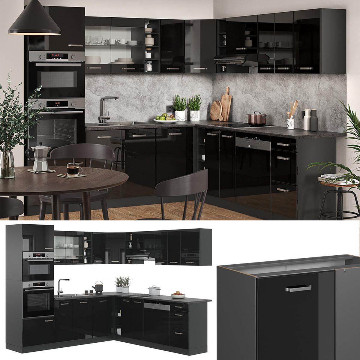 ECKKÜCHE R-Line Schwarz Hochglanz/Anthrazit 237 x 247 cm, AP Anthrazit - Schwarz Hochglanz/Anthrazit, Holzwerkstoff (247/81.6/60cm) - Vicco