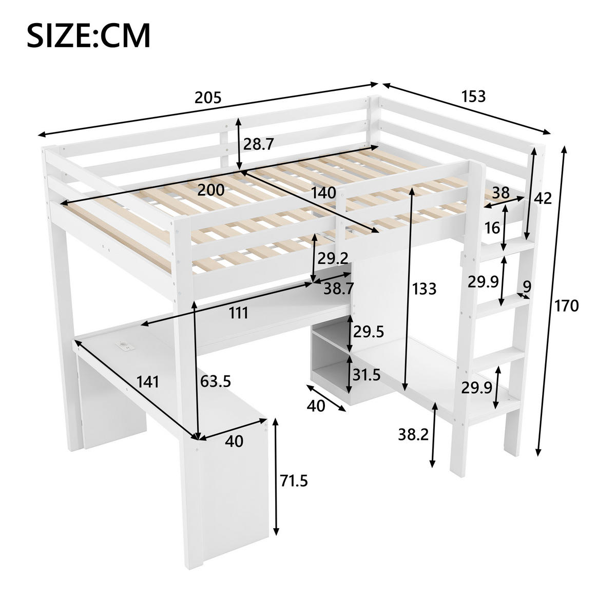 HOCHBETT 140/200 cm in Weiß mit Regal, Schreibtisch, LED und USB - Weiß, Holzwerkstoff (140/200cm) - STILVORA