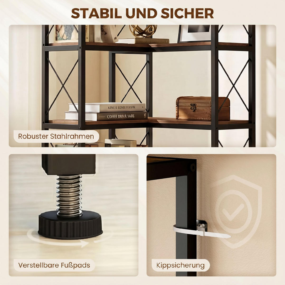 BÜCHERREGAL Spanplatte Metall Rustikal-Braun - Schwarz/Braun, Holzwerkstoff/Metall (60/200/60cm) - HOMCOM