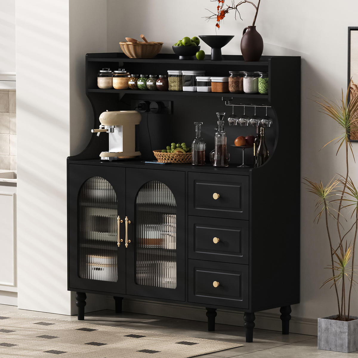 BUFFET 120/40/138,5 cm schwarz aus MDF mit Steckdose - Schwarz, Holzwerkstoff (120/138.5/40cm) - OKWISH