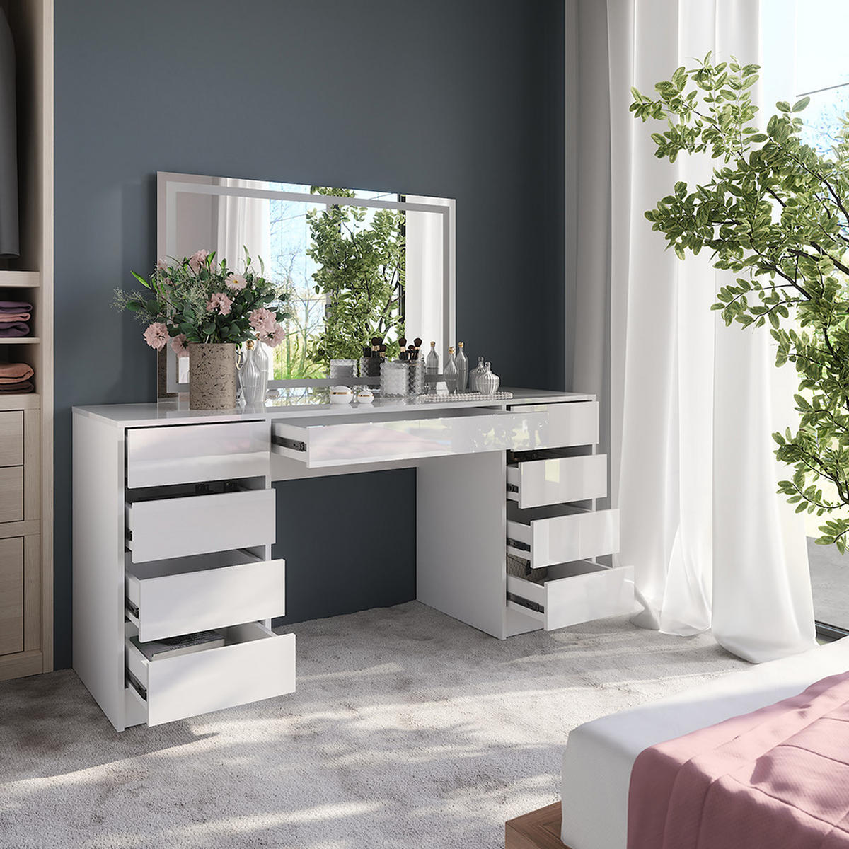 SCHMINKTISCH Sherry Weiß/Weiß Hochglanz 158.2 cm mit LED-Spiegel - Weiß Hochglanz, Holzwerkstoff (158.2/76/50.1cm) - Vicco