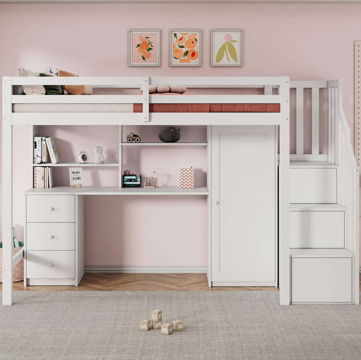 KINDEREINZELBETTEN aus Massivholz 90x200 cm in Weiß mit Schreibtisch & Kleiderschrank - Weiß, Holz (90/200cm) - Modfu