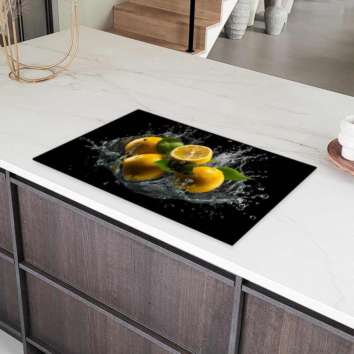 HERDABDECKPLATTE Zitrone - Obst - Gelb - Schwarz Induktionsmatte 83x51 cm - Gelb, Kunststoff (83/51.5/0.2cm) - MuchoWow