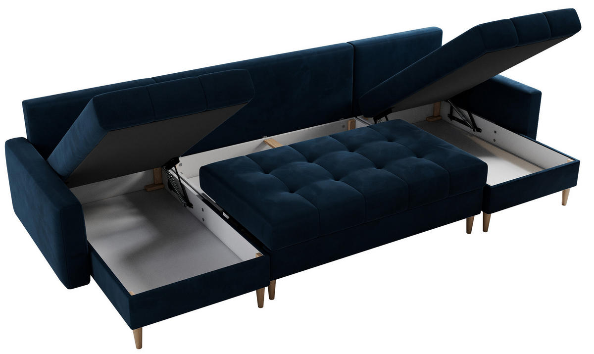 WOHNLANDSCHAFT Colin U Velvet Dunkelblau - Dunkelblau/Braun, Holz/Textil (290/75/140cm) - MKS