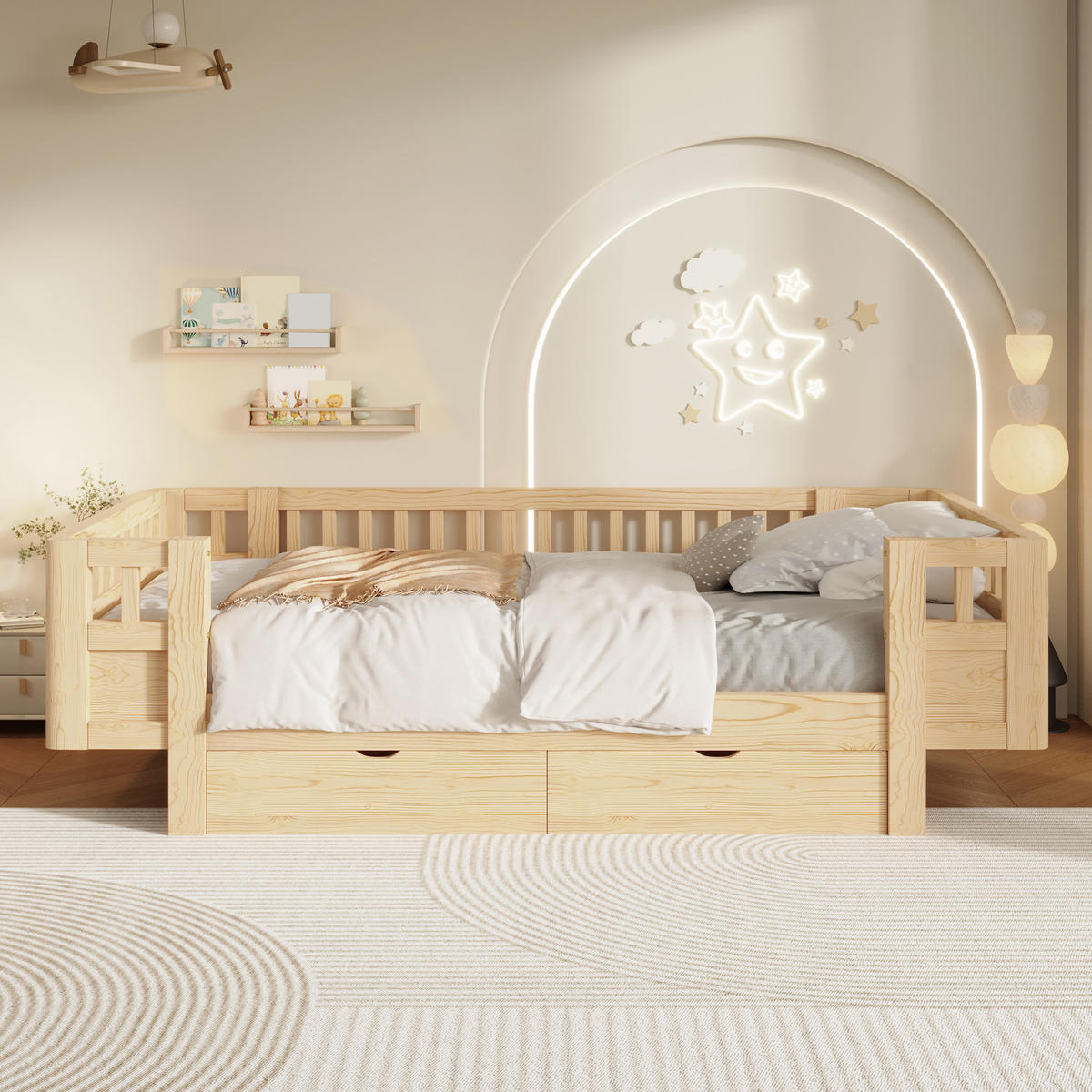 KINDERBETT 90/200 cm in Holzfarbe mit 2 Schubladen Massivholz Skandinavisches Design - Naturfarben, Holzwerkstoff (90/200cm) - STILVORA