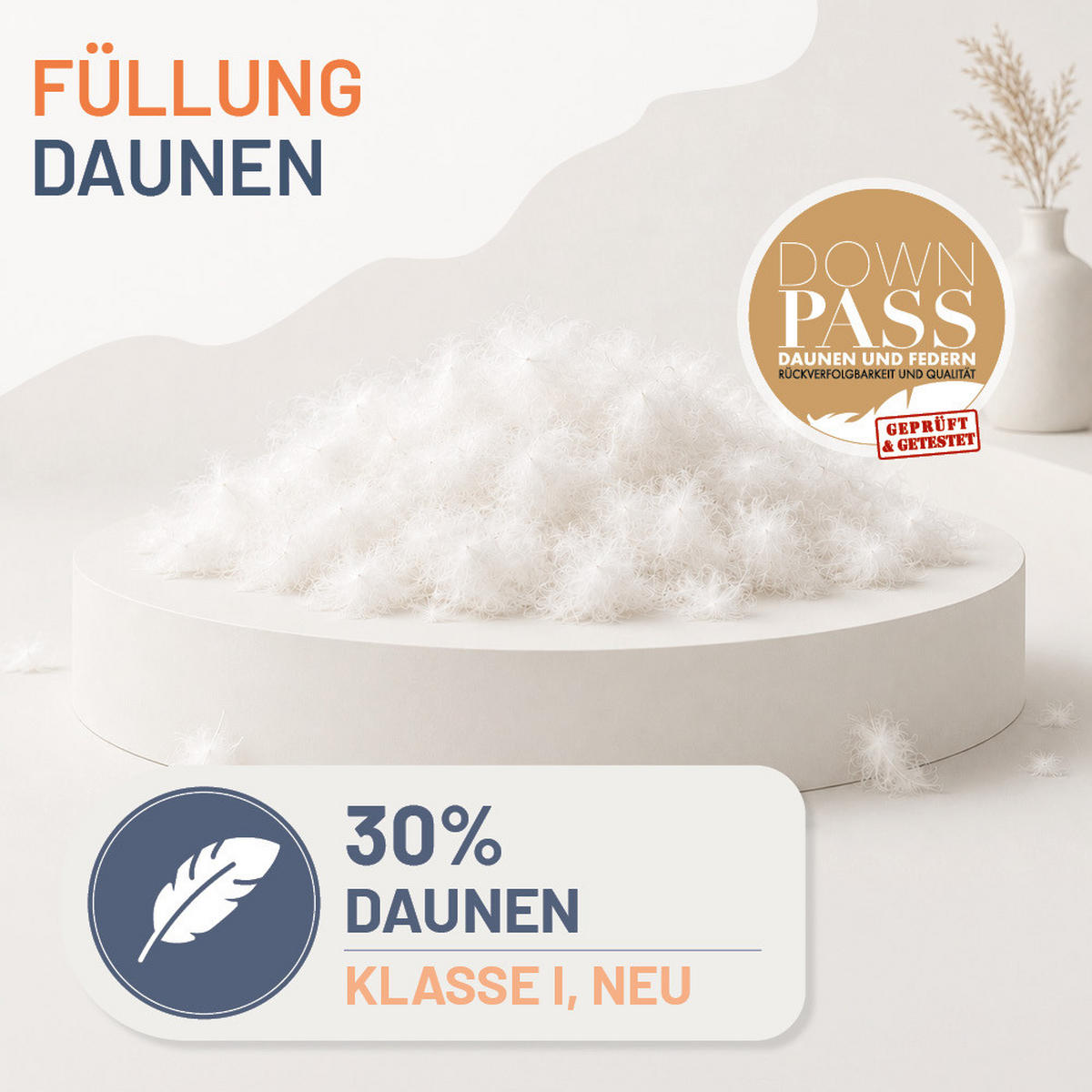 KOPFKISSEN 40x80 cm weich & stützend, Daunenkissen 30% Daunen - Weiß, Textil (40/80cm) - casimum