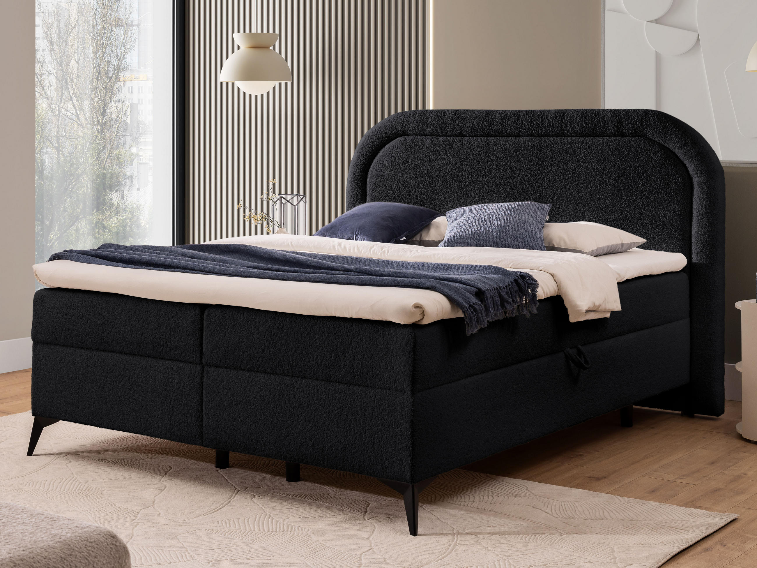 BOXBETT Sonna 160/200 cm Schwarz Bouclé-Stoff mit abgerundetem Kopfteil und mit schwarzen Metallfüße - Schwarz, Holz/Textil (160/200cm) - S-Style Möbel